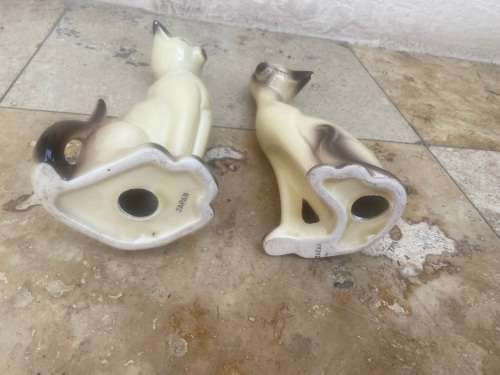 vintage long necked siamese porcelain cats cat pair  , Japan