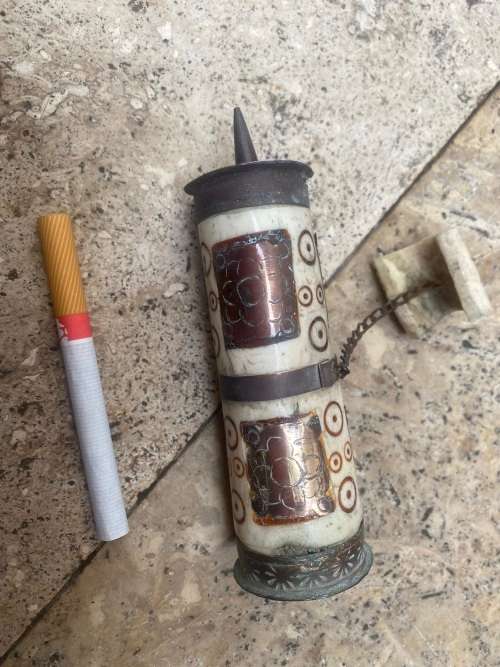vintage tibet prayer wheel bone and brass with scroll inside , altar book buddhist