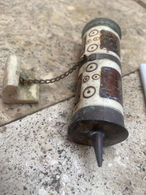 vintage tibet prayer wheel bone and brass with scroll inside , altar book buddhist