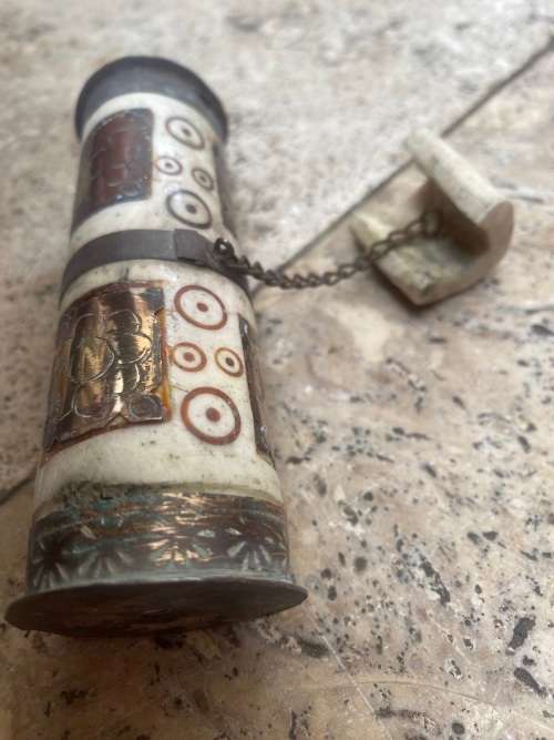 vintage tibet prayer wheel bone and brass with scroll inside , altar book buddhist