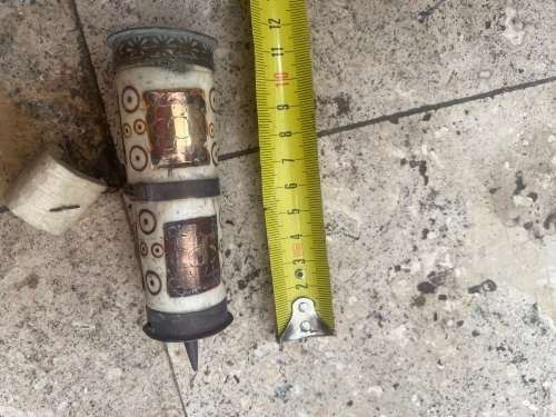 vintage tibet prayer wheel bone and brass with scroll inside , altar book buddhist