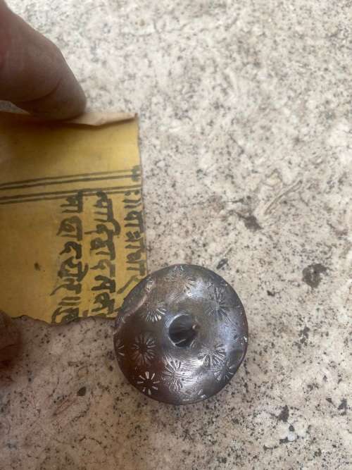 vintage tibet prayer wheel bone and brass with scroll inside , altar book buddhist