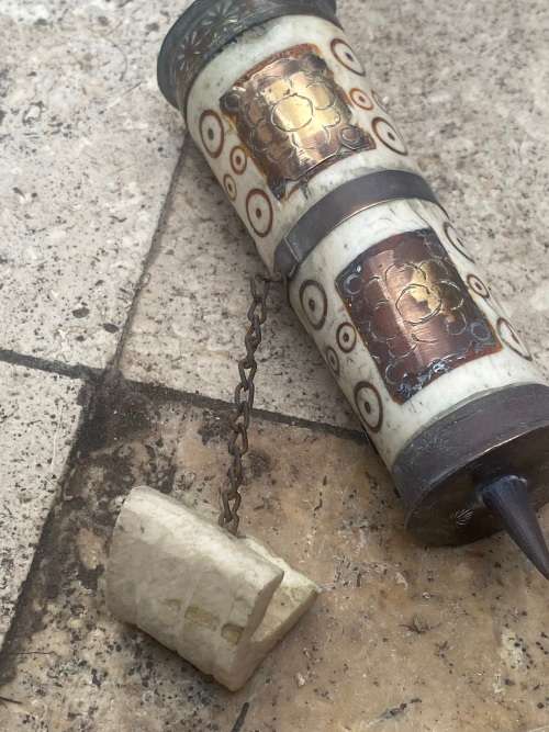 vintage tibet prayer wheel bone and brass with scroll inside , altar book buddhist