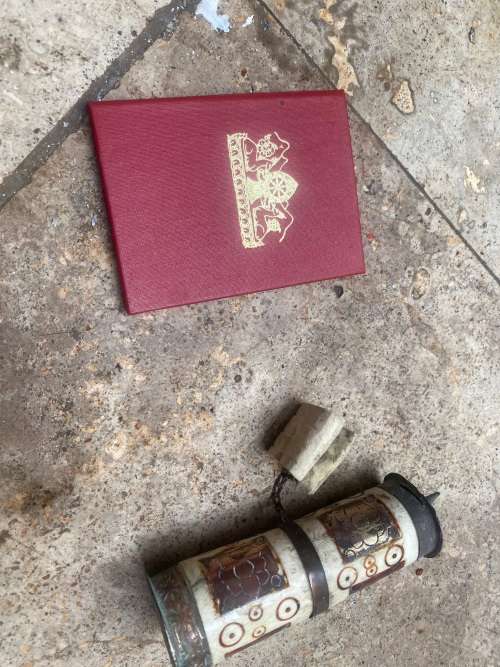 vintage tibet prayer wheel bone and brass with scroll inside , altar book buddhist