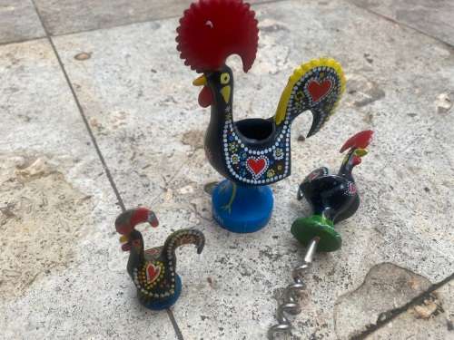 vintage  Rooster  toothpick holder and portuguese rooster corkscrew pair