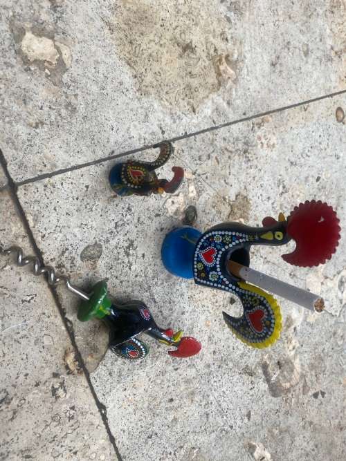 vintage  Rooster  toothpick holder and portuguese rooster corkscrew pair
