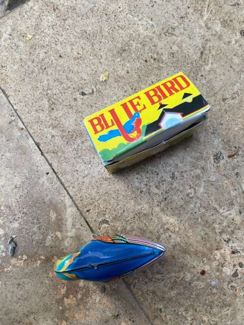 vintage blue bird wind up tin toy from 60s