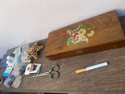 vintage wood sewing box with contents