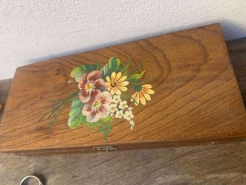 vintage wood sewing box with contents
