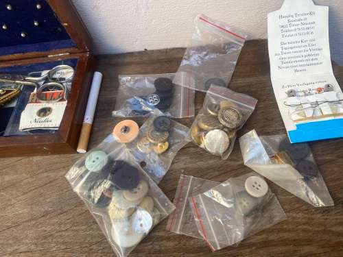 vintage wood sewing box with contents