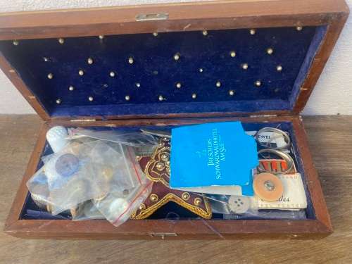 vintage wood sewing box with contents