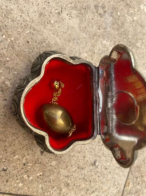vintage footed trinket box with brass pill pendant or keychain