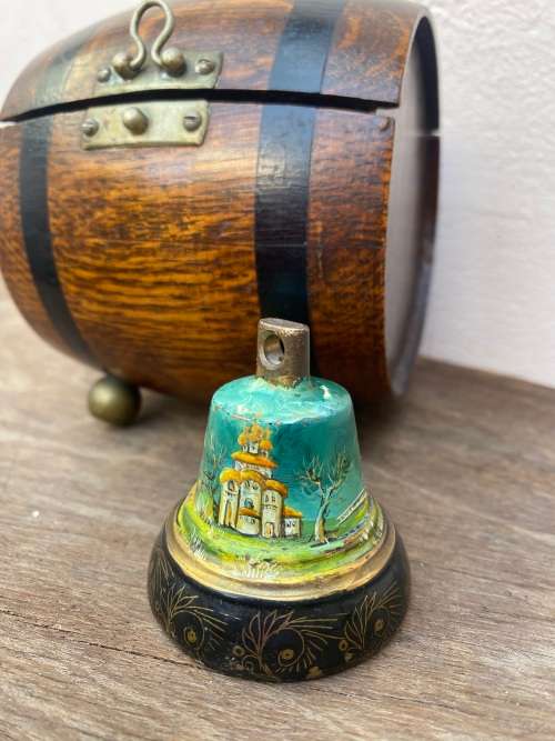 vintage brass bell gold leaf detail painting in Teofani and Co oak barrel trinket  box .