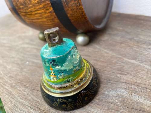 vintage brass bell gold leaf detail painting in Teofani and Co oak barrel trinket  box .