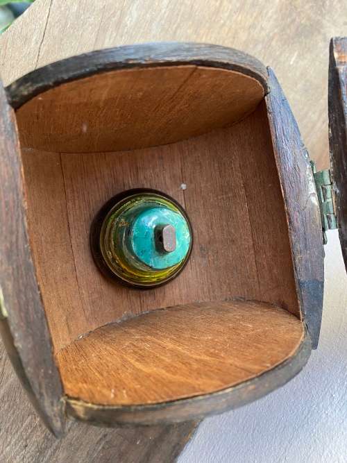vintage brass bell gold leaf detail painting in Teofani and Co oak barrel trinket  box .