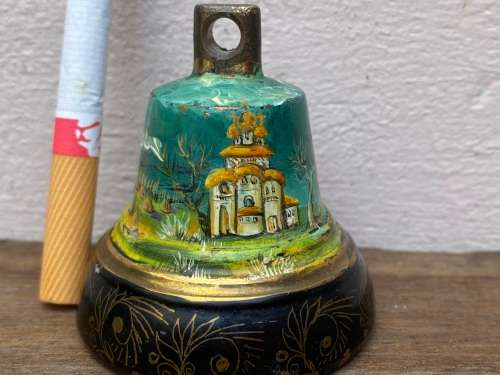 vintage brass bell gold leaf detail painting in Teofani and Co oak barrel trinket  box .