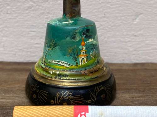 vintage brass bell gold leaf detail painting in Teofani and Co oak barrel trinket  box .