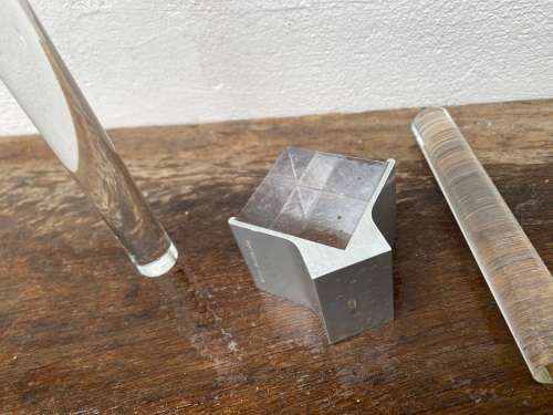 Rare BUSSE DESIGN ULM photo frame, Small lucite cube on solid aluminum base