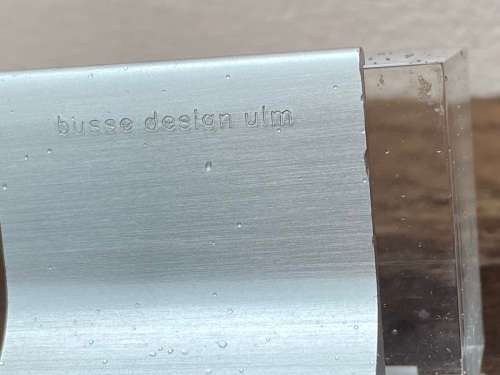 Rare BUSSE DESIGN ULM photo frame, Small lucite cube on solid aluminum base