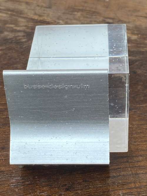 Rare BUSSE DESIGN ULM photo frame, Small lucite cube on solid aluminum base