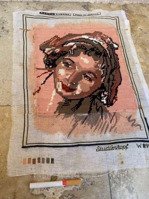 Vintage cross stitch wall hanging lady`s portrait , Austria