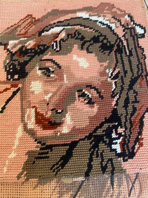 Vintage cross stitch wall hanging lady`s portrait , Austria