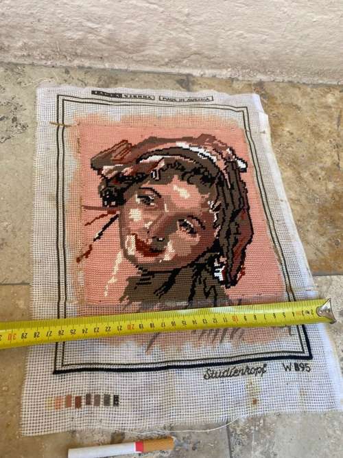 Vintage cross stitch wall hanging lady`s portrait , Austria