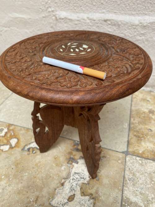 Vintage rosewood India small folding table stand sheesham inlaid detail