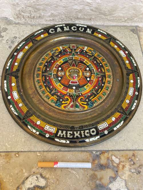 Vintage brass enamel Mexico colourful souvenir wall plate tequila tray