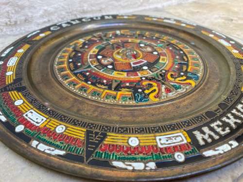 Vintage brass enamel Mexico colourful souvenir wall plate tequila tray