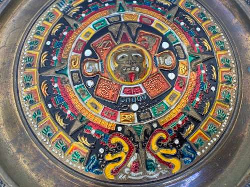 Vintage brass enamel Mexico colourful souvenir wall plate tequila tray