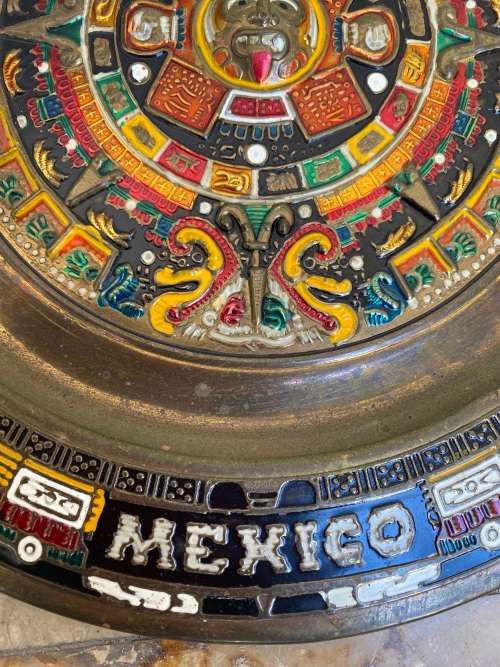 Vintage brass enamel Mexico colourful souvenir wall plate tequila tray