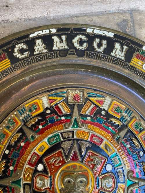 Vintage brass enamel Mexico colourful souvenir wall plate tequila tray