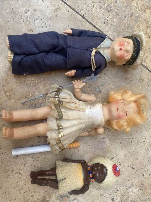 Antique plastic doll lot of 3 , African sailer boy and white fairy dolls