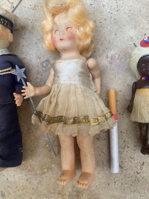 Antique plastic doll lot of 3 , African sailer boy and white fairy dolls
