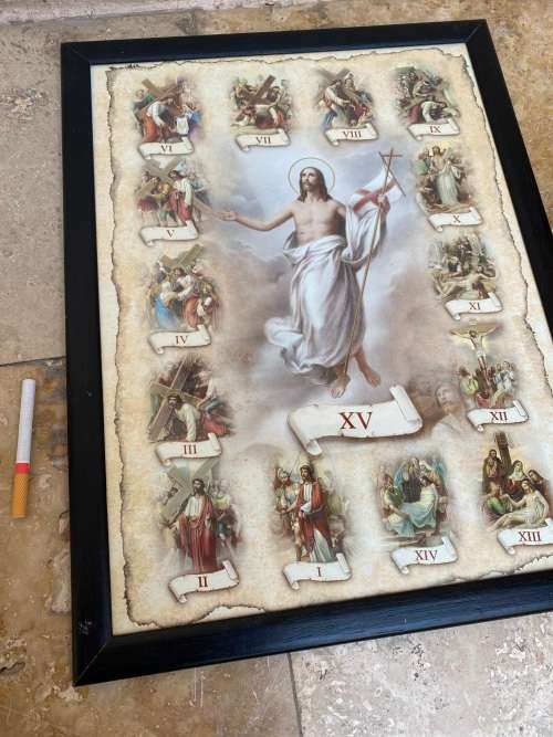 Vintage stations of the cross framed religious print resurrection Jesus
