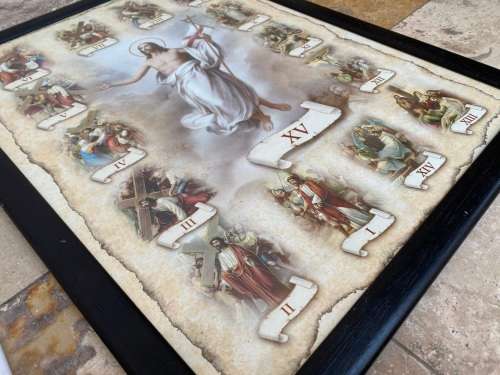 Vintage stations of the cross framed religious print resurrection Jesus