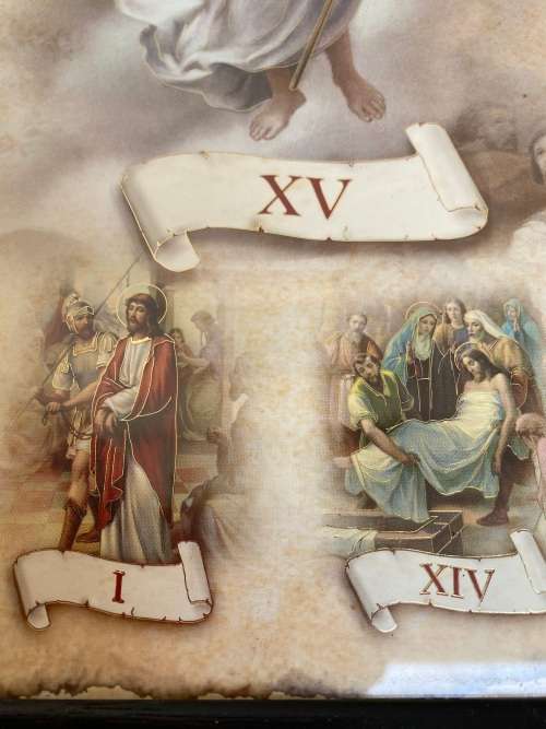 Vintage stations of the cross framed religious print resurrection Jesus