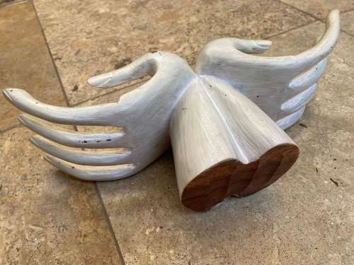 Wood carved hands ring holder key holder on Celtic base porcelain