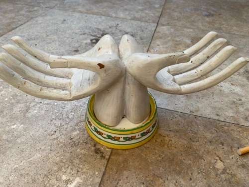 Wood carved hands ring holder key holder on Celtic base porcelain