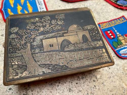 Vintage Rachels tomb brass trinket box footed with 11 travel badges