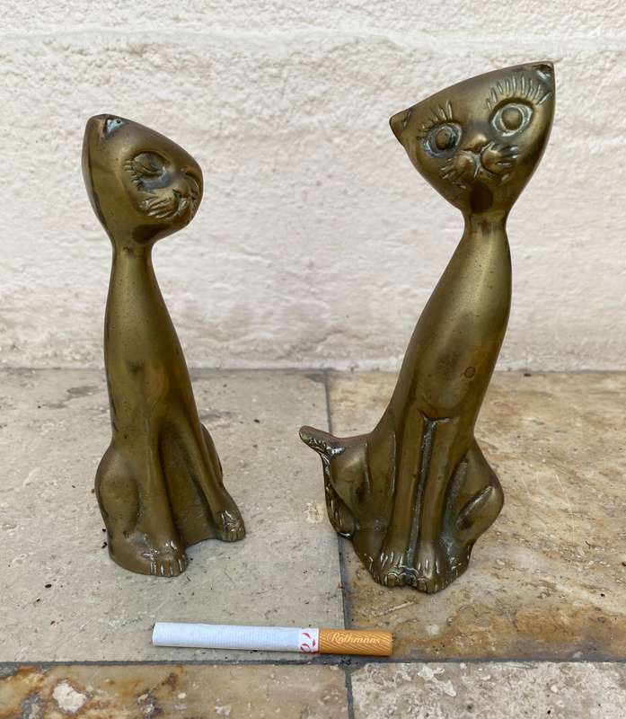 Vintage Hand Crafted Solid Brass Cat Figurines Taiwan pair