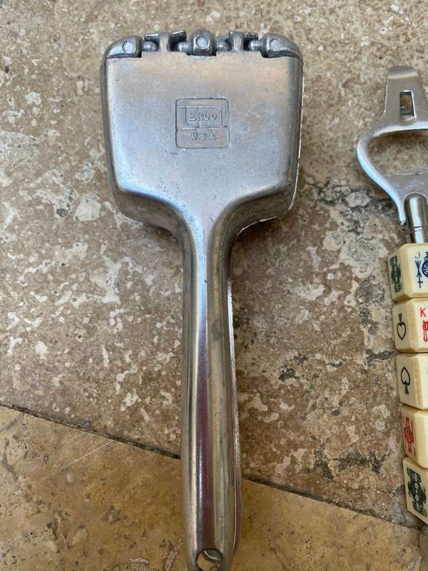 Vintage ice cube crusher USA with vintage poker dice bottle opener Japan