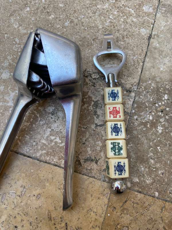 Vintage ice cube crusher USA with vintage poker dice bottle opener Japan