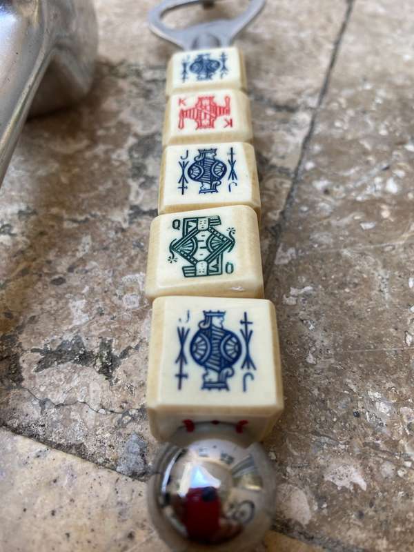 Vintage ice cube crusher USA with vintage poker dice bottle opener Japan