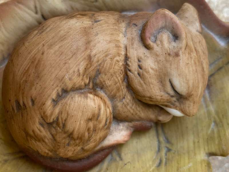 Vintage porcelain Akita chipmunk mouse sleeping  on leaf hand painted Japan numbered