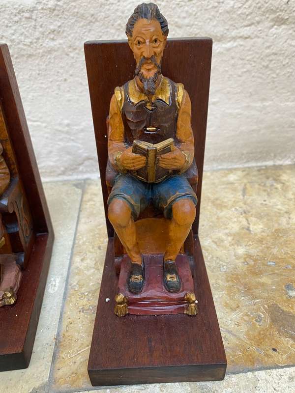 Wood carved bookends hand painted hand carved