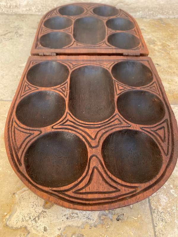 Vintage hand carved wood Mancala Bao game board