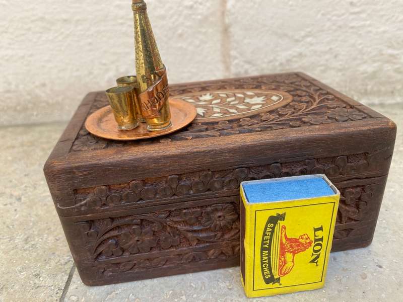 Brass dollhouse miniature bottle tray and cups ASC brass Rhodesia in vintage inlaid trinket box