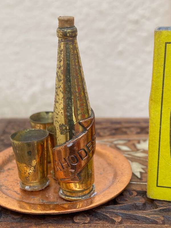 Brass dollhouse miniature bottle tray and cups ASC brass Rhodesia in vintage inlaid trinket box